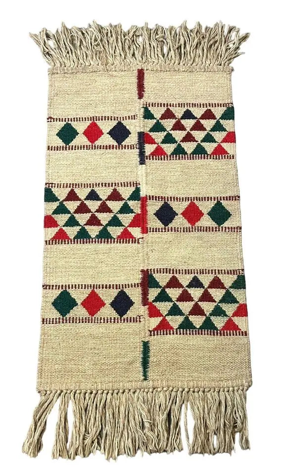 Handmade Vintage Rug 100% Wool Turkish Beige/Multicolor Diamond Design 2'1 x 3'8 I Got Rugs