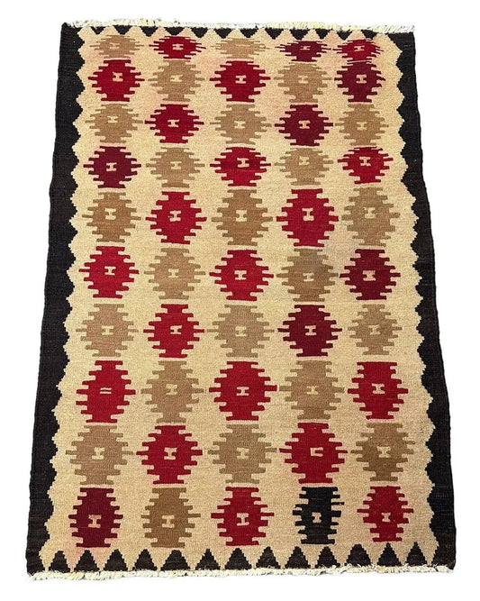 Handmade Vintage Rug Turkish Tan/ Multicolor Geometric Design 100% Wool 3' x 4'4 I Got Rugs