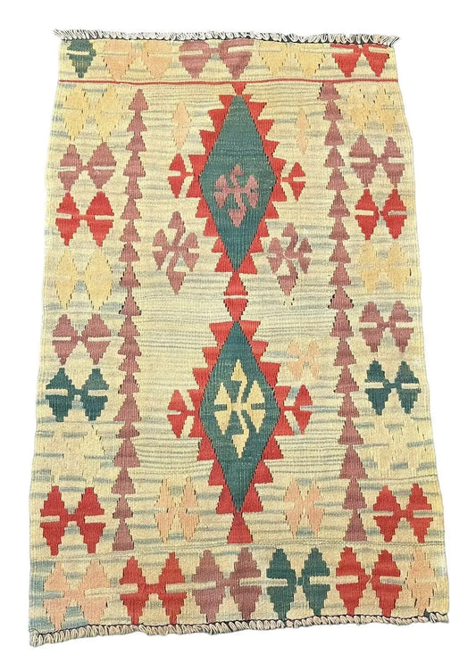 Handmade Vintage Rug 100% Wool Beige/ Multicolor Geometric Design 2'7 x 4' I Got Rugs