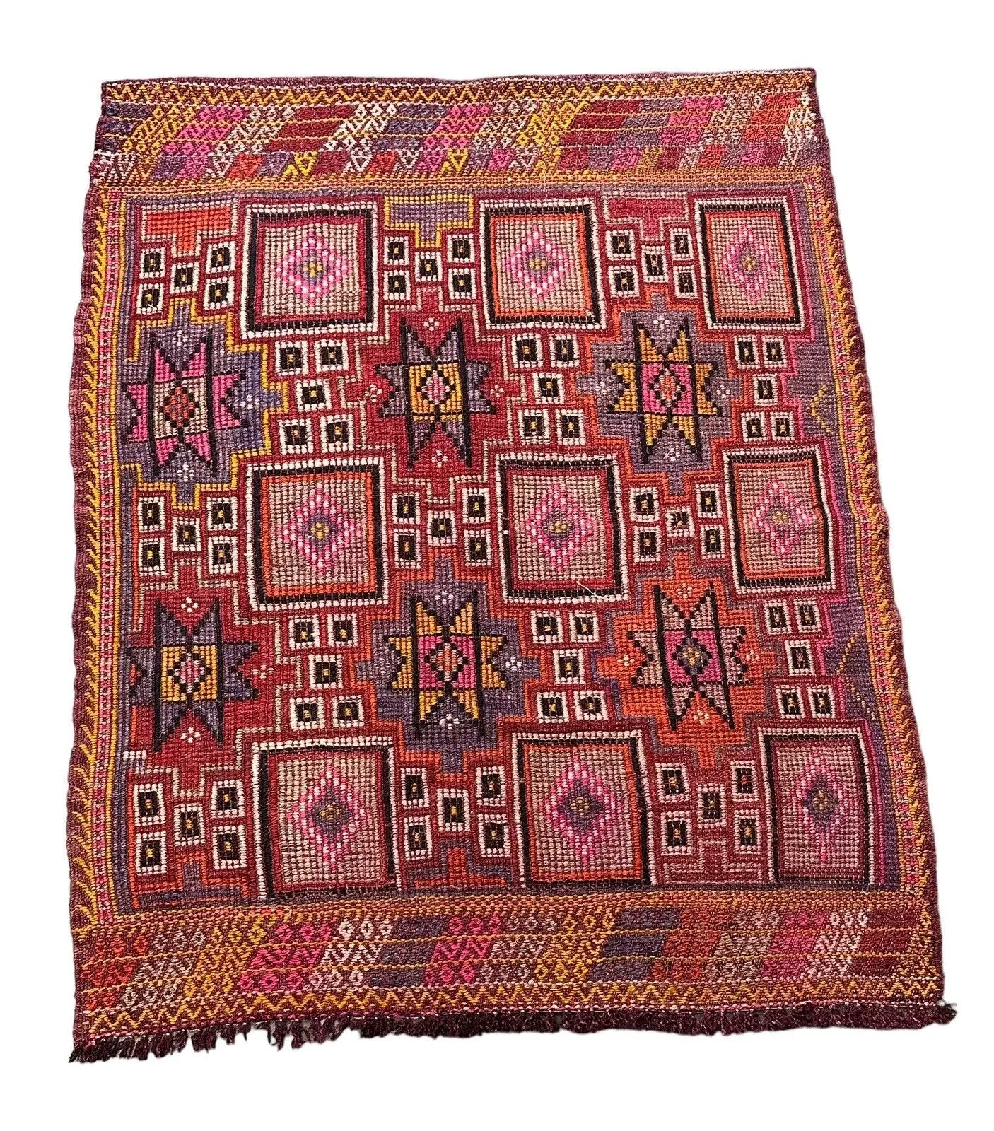 Handmade Vintage Rug Turkish Anatolian Red/Multicolor Geometric Design 3'3 x 4'2 I Got Rugs