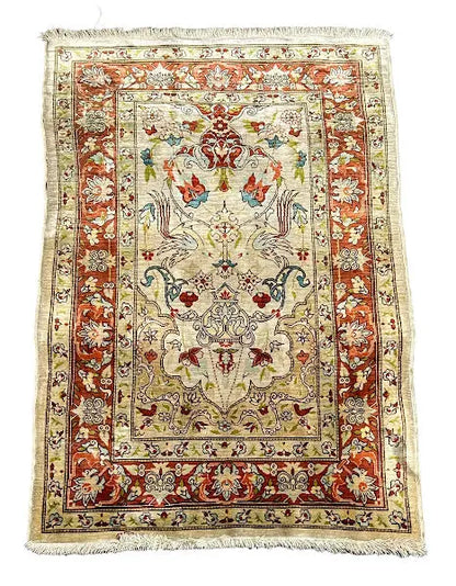 Hand-Knotted Vintage Silk Rug Persian Oriental Design Ivory/ Orange 2'1 x 3'2 I Got Rugs