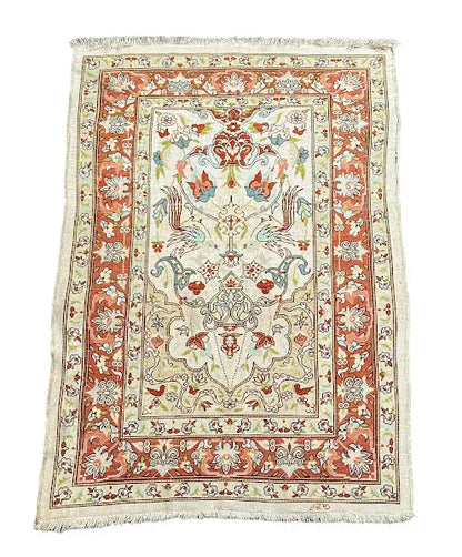 Hand-Knotted Vintage Silk Rug Persian Oriental Design Ivory/ Orange 2'1 x 3'2 I Got Rugs