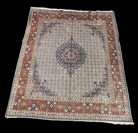 Vintage Hand-Knotted Wool Rug Persian Mashad Blue/ Orange Floral Design 8'2 x 10 I Got Rugs