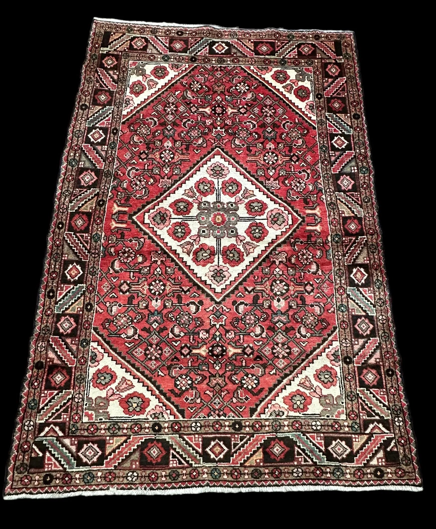Vintage Hand-Knotted Wool Rug Pink/ Red Persian Floral Hamaden Design 4'11 x 7'5 I Got Rugs