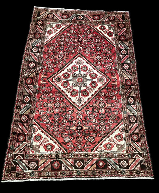Vintage Hand-Knotted Wool Rug Pink/ Red Persian Floral Hamaden Design 4'11 x 7'5 I Got Rugs