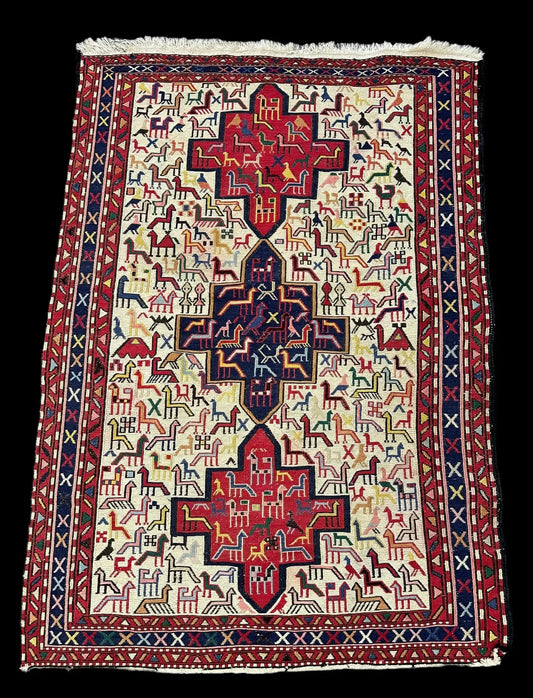 Stunning Handmade Vintage Wool Rug Colorful Persian Soumak Design 3'5 x 4'11 I Got Rugs Stunning Handmade Vintage Wool Rug Colorful Persian Soumak Design 3'5 x 4'11 I Got Rugs Handmade Vintage I Got Rugs