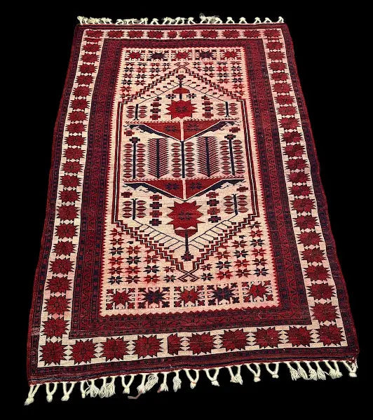 Vintage Hand-Knotted Red Afghan Baluch Wool Prayer Rug 3'11 x 6' I Got Rugs