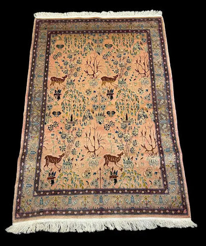 Vintage Hand-Knotted Rug Persian Silk Tabriz Tree Of Life Pictorial 3'6 x 5'1 I Got Rugs
