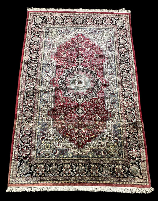 Vintage Hand-Knotted Silk Rug Colorful Persian Kashan Floral Pattern 6' x 9'5 I Got Rugs