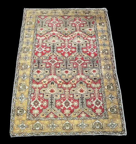 Vintage Hand-Knotted Turkish Wool Rug Yellow Tribal Pattern 4'6 x 6'2 I Got Rugs