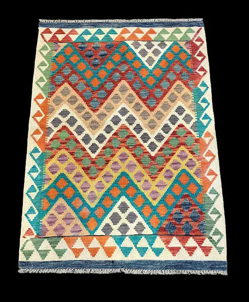 Vintage Hand-Knotted Wool Afghan Kilim Colorful Geometric Pattern 3'3 x 4'9 I Got Rugs