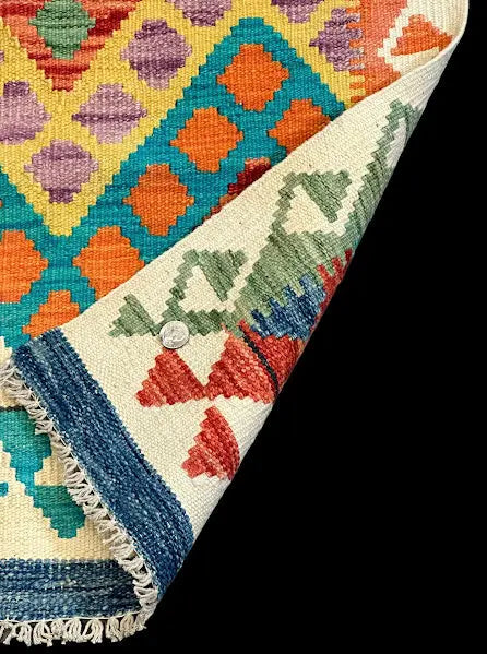 Vintage Hand-Knotted Wool Afghan Kilim Colorful Geometric Pattern 3'3 x 4'9 I Got Rugs