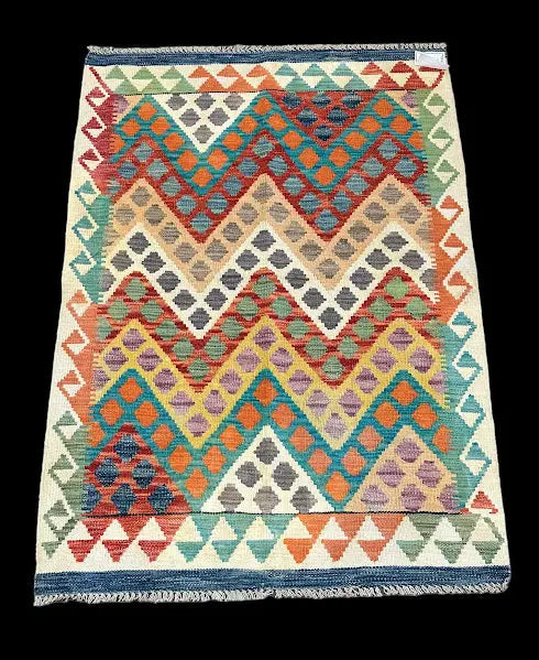 Vintage Hand-Knotted Wool Afghan Kilim Colorful Geometric Pattern 3'3 x 4'9 I Got Rugs