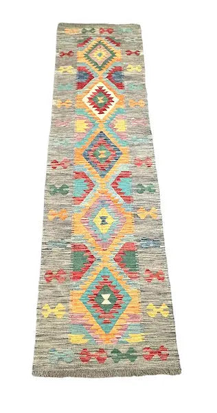 Vintage Hand-Knotted Wool Rug Afghan Geometric Kilim Runner 2'6 x 9'9 I Got Rugs