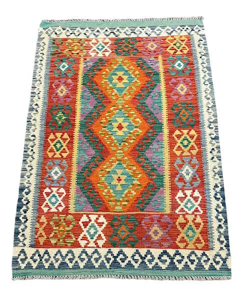 Vintage Hand-Knotted Wool Rug Afghan Kilim Bright Colored Tribal Design 3'4 x 4'11 I Got Rugs