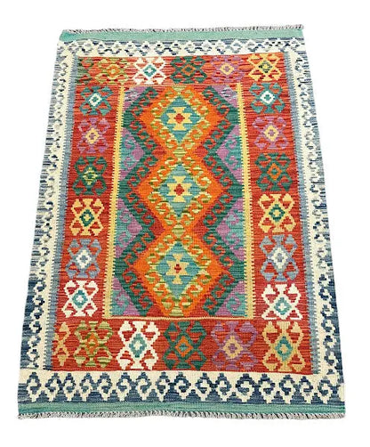 Vintage Hand-Knotted Wool Rug Afghan Kilim Bright Colored Tribal Design 3'4 x 4'11 I Got Rugs
