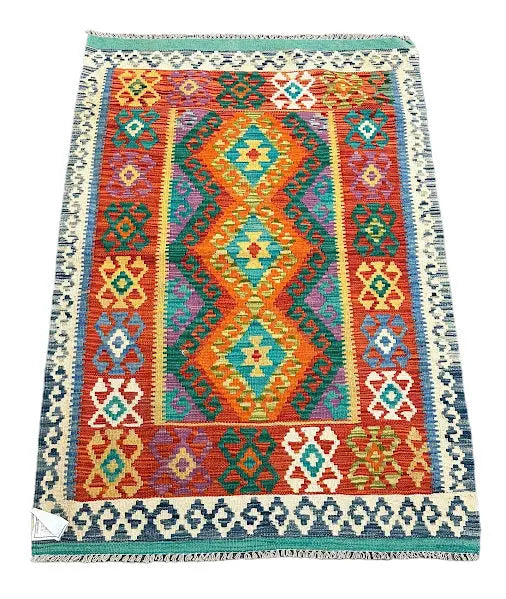 Vintage Hand-Knotted Wool Rug Afghan Kilim Bright Colored Tribal Design 3'4 x 4'11 I Got Rugs