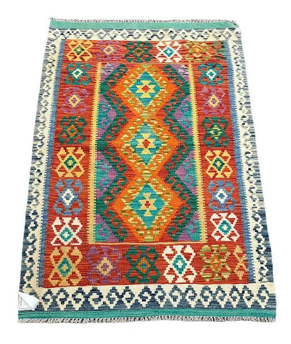 Vintage Hand-Knotted Wool Rug Afghan Kilim Bright Colored Tribal Design 3'4 x 4'11 I Got Rugs