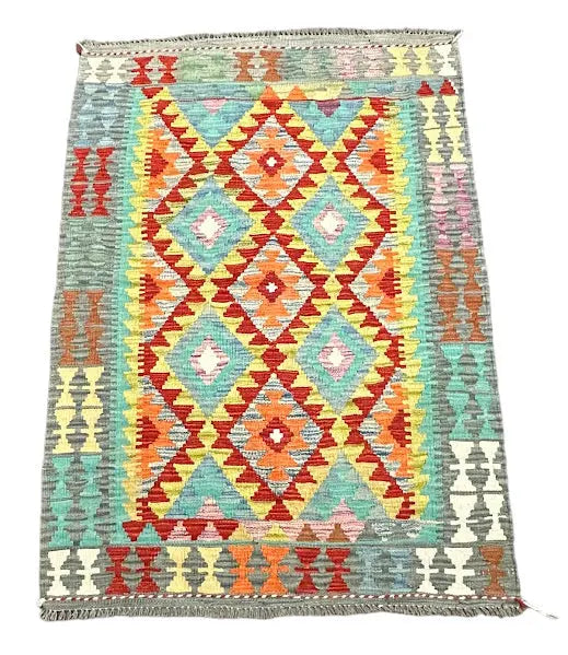 Vintage Hand-Knotted Wool Rug Afghan Kilim Multicolor Tribal Design 3'5 x 5' I Got Rugs