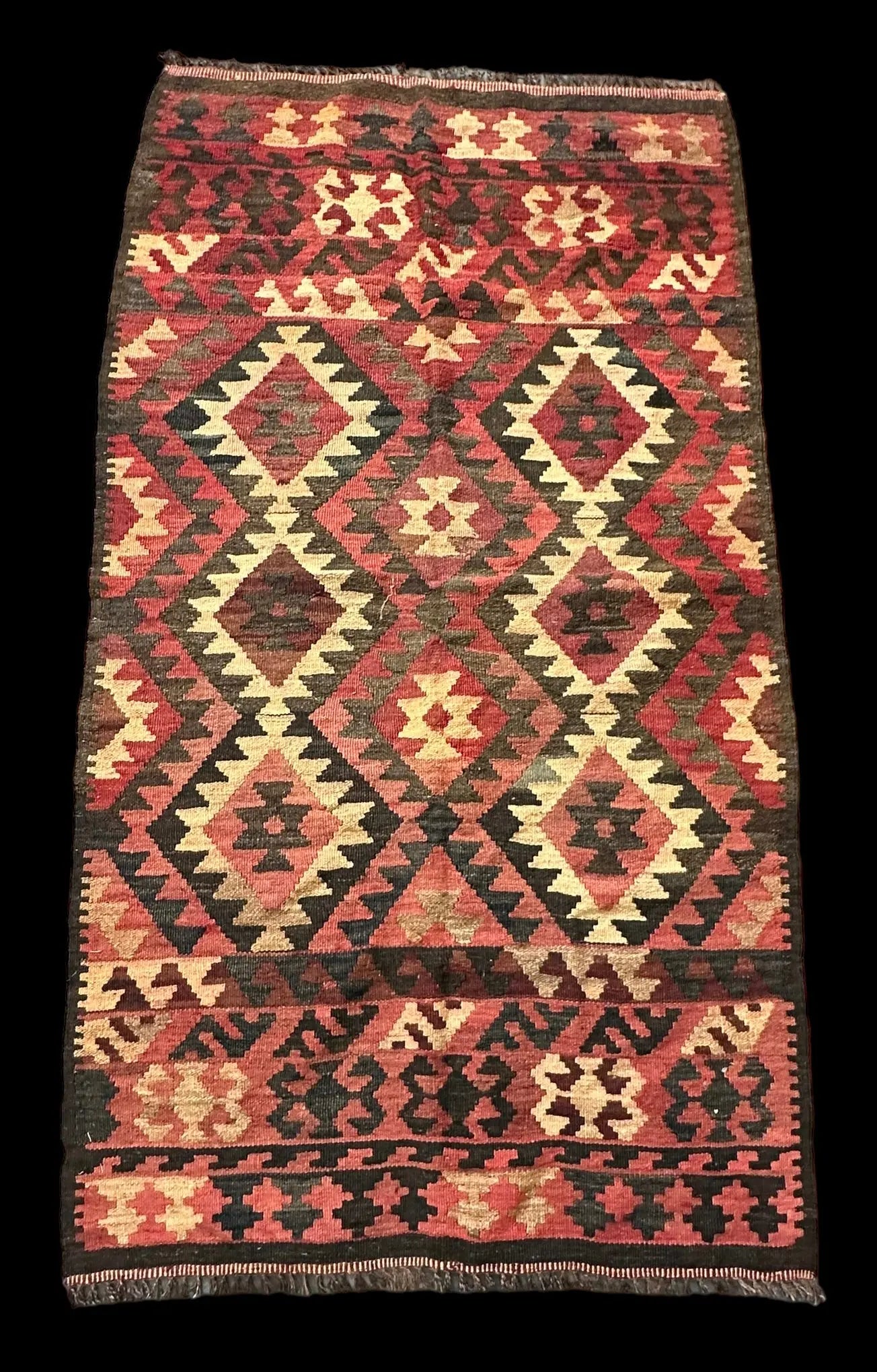 Vintage Hand-Knotted Wool Rug Afghan Kilim Tribal Design in Bold Colors 3'3 x 6' I Got Rugs