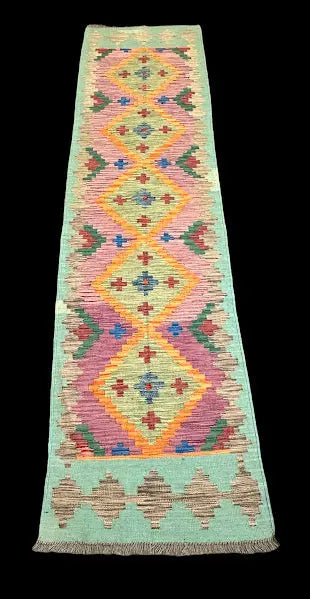 Vintage Hand-Knotted Wool Rug Afghan Kilim Vibrant Geometric Design 2'7 x 9'9 I Got Rugs