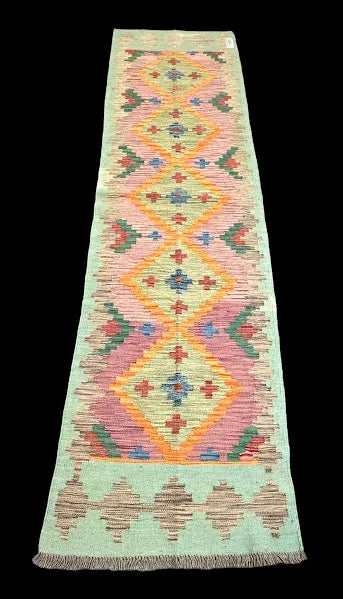 Vintage Hand-Knotted Wool Rug Afghan Kilim Vibrant Geometric Design 2'7 x 9'9 I Got Rugs