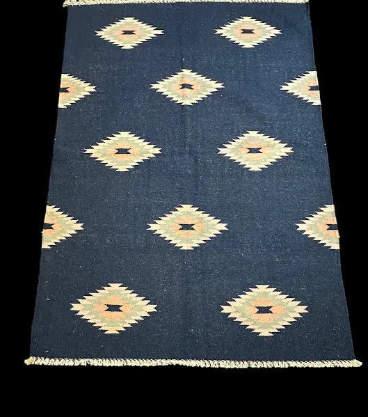 Vintage Hand-Knotted Wool Rug Blue Turkish Kilim  Blue Diamond Pattern 4'1 x 5'8 I Got Rugs