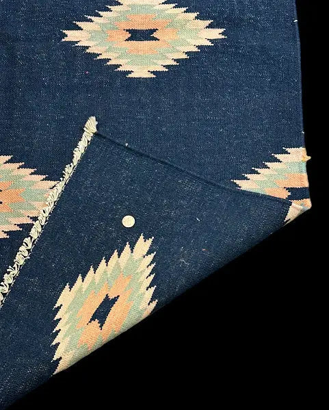 Vintage Hand-Knotted Wool Rug Blue Turkish Kilim  Blue Diamond Pattern 4'1 x 5'8 I Got Rugs