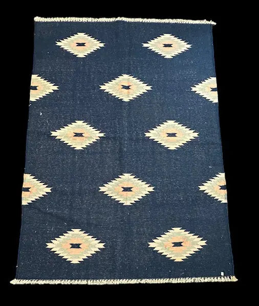 Vintage Hand-Knotted Wool Rug Blue Turkish Kilim  Blue Diamond Pattern 4'1 x 5'8 I Got Rugs