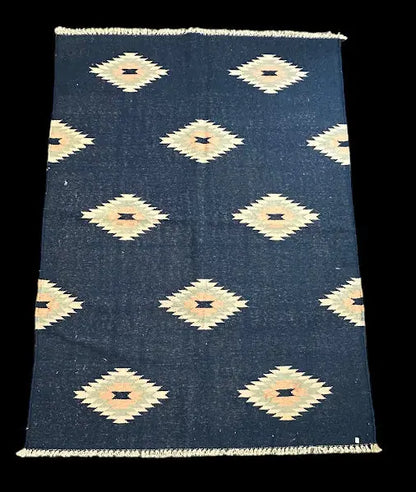 Vintage Hand-Knotted Wool Rug Blue Turkish Kilim  Blue Diamond Pattern 4'1 x 5'8 I Got Rugs