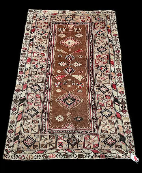 Vintage Hand-Knotted Wool Rug Brown Persian Geometric Design 4'2 x 6'4 I Got Rugs