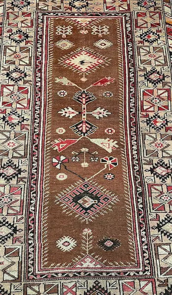 Vintage Hand-Knotted Wool Rug Brown Persian Geometric Design 4'2 x 6'4 I Got Rugs