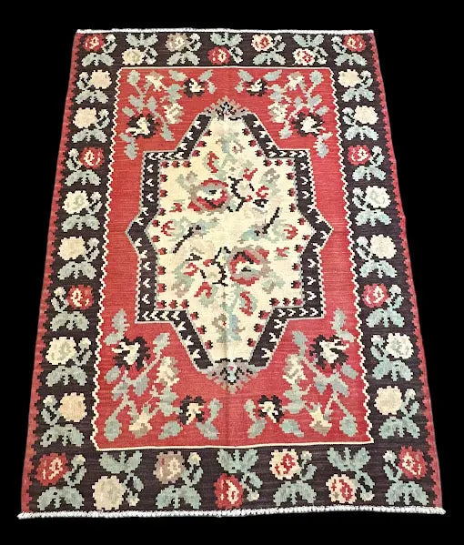 Vintage Hand-Knotted Wool Rug Colorful Turkish Kilim Floral Design 3'11 x 5'8 I Got Rugs