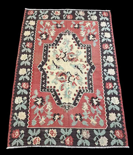 Vintage Hand-Knotted Wool Rug Colorful Turkish Kilim Floral Design 3'11 x 5'8 I Got Rugs