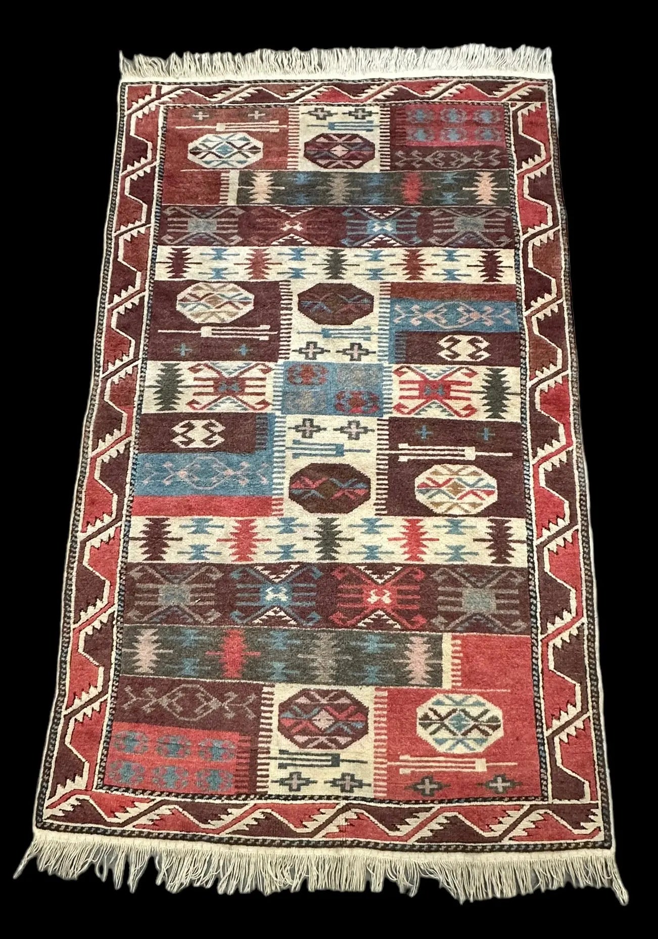 Vintage Hand-Knotted Wool Rug Colorful Turkish Kilim Geometric Design 3'5 x 5'11 I Got Rugs