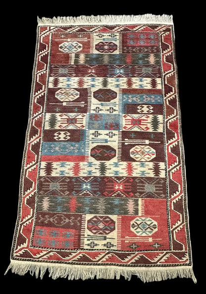 Vintage Hand-Knotted Wool Rug Colorful Turkish Kilim Geometric Design 3'5 x 5'11 I Got Rugs