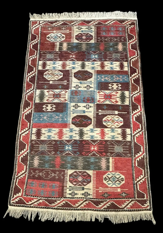 Vintage Hand-Knotted Wool Rug Colorful Turkish Kilim Geometric Design 3'5 x 5'11 I Got Rugs