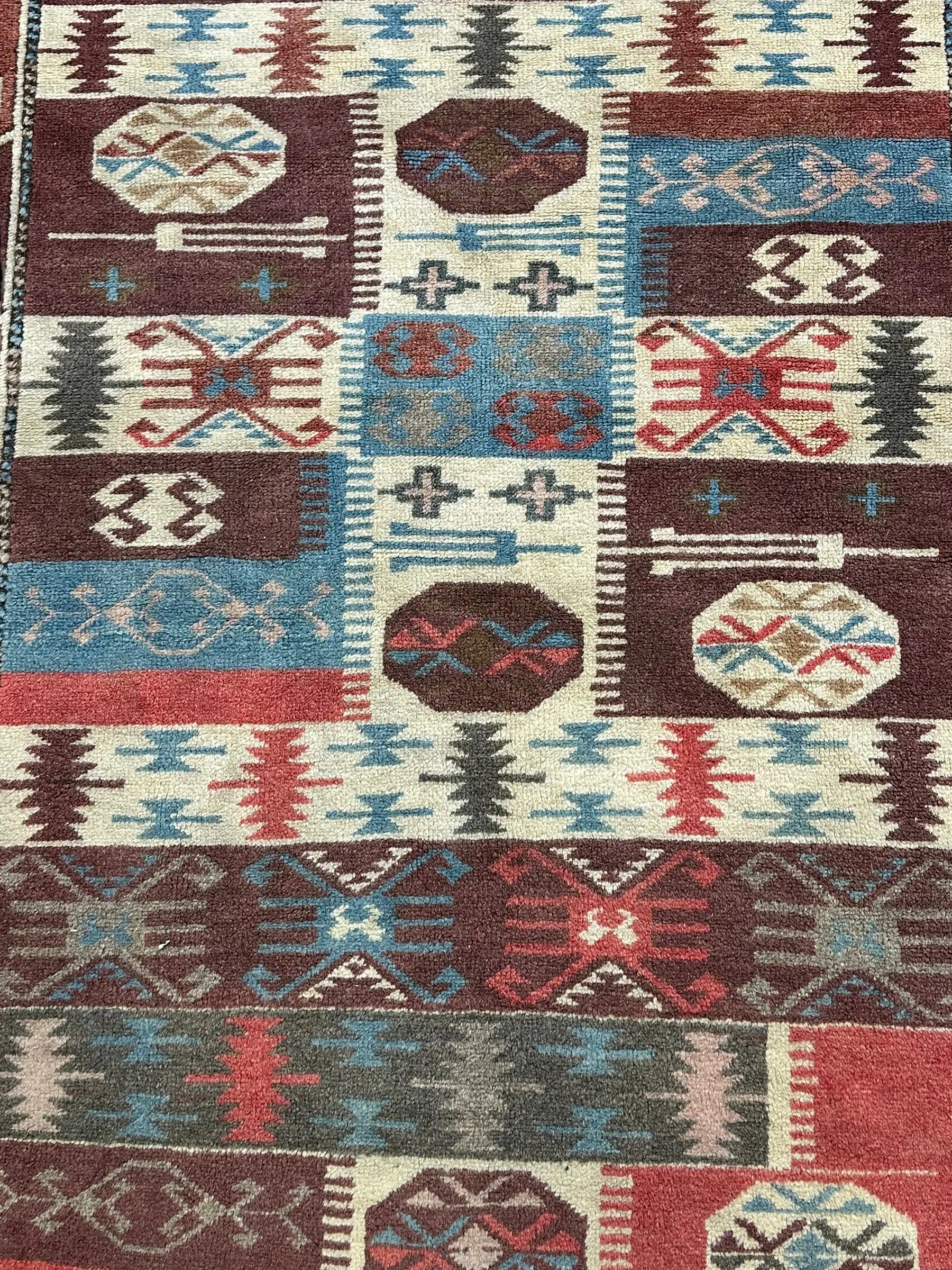 Vintage Hand-Knotted Wool Rug Colorful Turkish Kilim Geometric Design 3'5 x 5'11 I Got Rugs