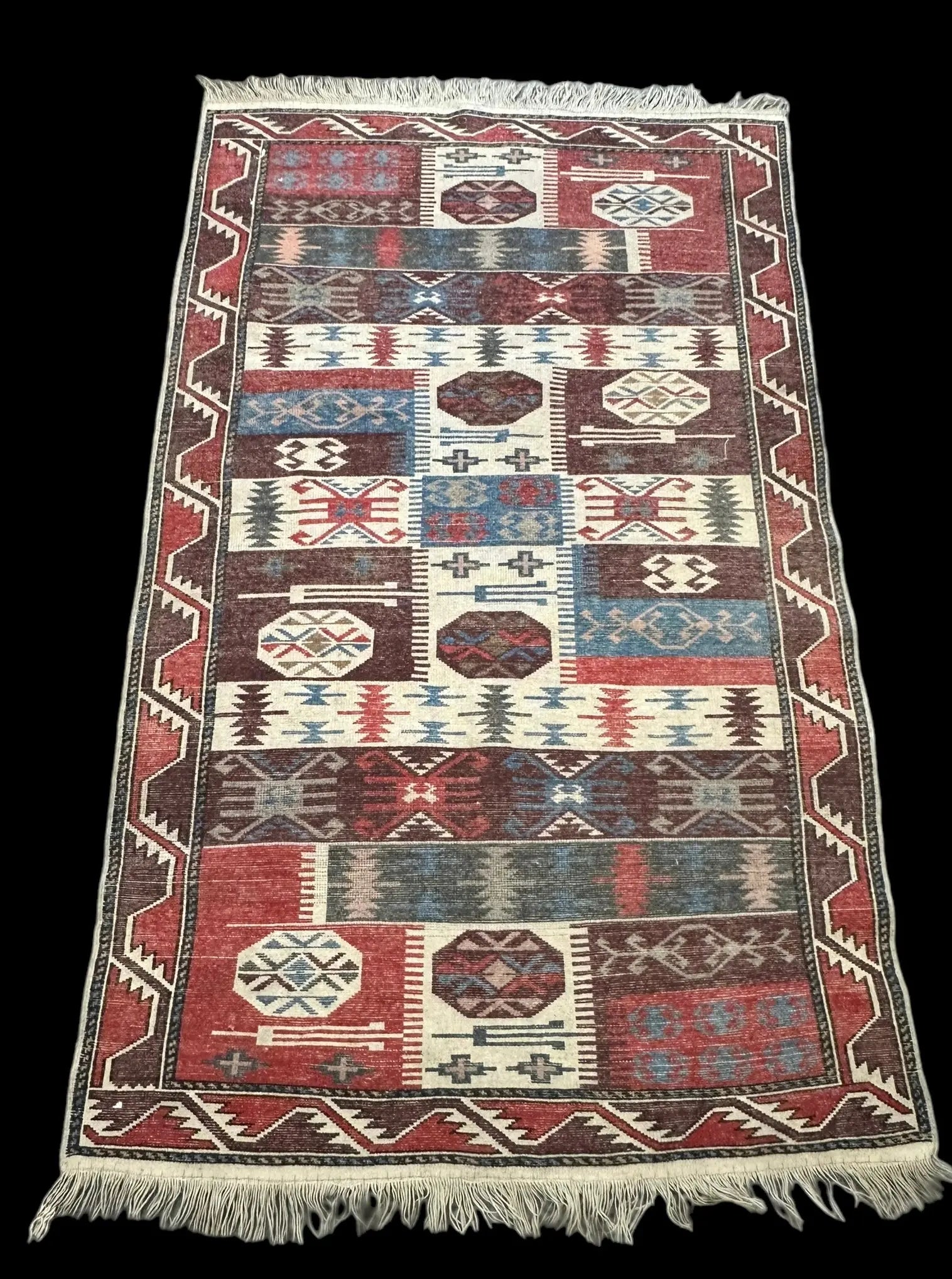Vintage Hand-Knotted Wool Rug Colorful Turkish Kilim Geometric Design 3'5 x 5'11 I Got Rugs