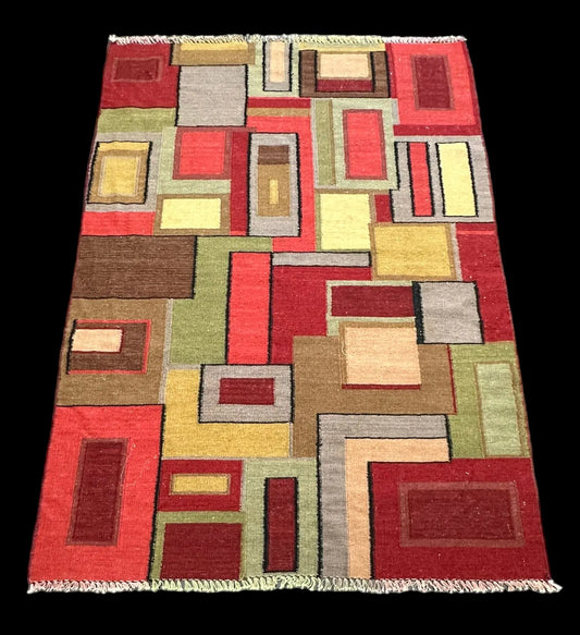 Vintage Hand-Knotted Wool Rug Colorful Turkish Kilim Geometric Design 4'1 x 5'9 I Got Rugs