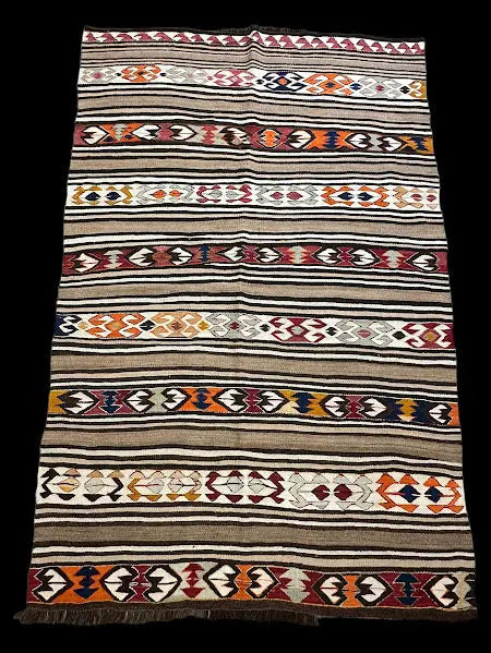Vintage Hand-Knotted Wool Rug Colorful Turkish Striped Tribal Pattern 4'3 x 6'11 I Got Rugs