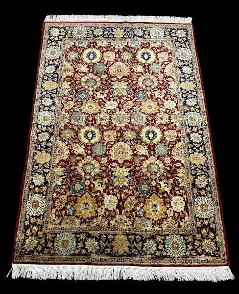 Vintage Hand-Knotted Wool Rug Indo Persian Red Floral Pattern 4'1 x 6'1 I Got Rugs