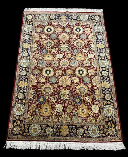 Vintage Hand-Knotted Wool Rug Indo Persian Red Floral Pattern 4'1 x 6'1 I Got Rugs