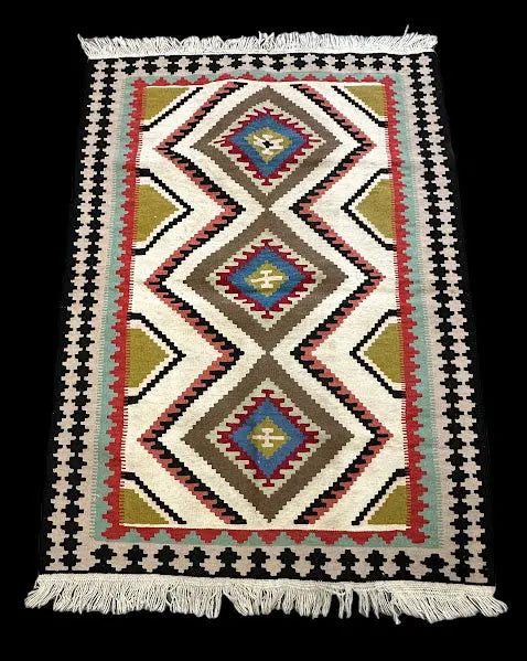 Vintage Hand-Knotted Wool Rug Multicolor Afghan Kilim Diamond Pattern 3'7 x 5' I Got Rugs