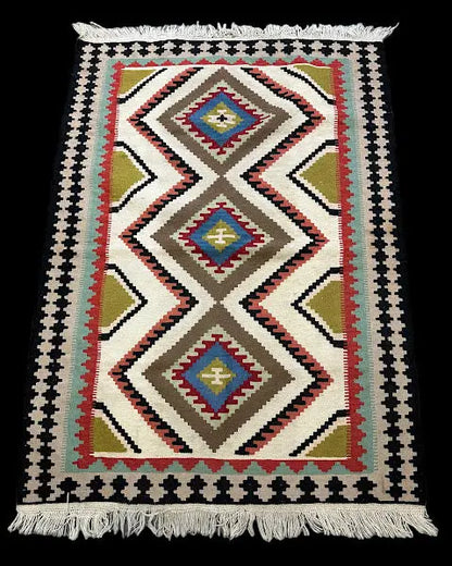 Vintage Hand-Knotted Wool Rug Multicolor Afghan Kilim Diamond Pattern 3'7 x 5' I Got Rugs