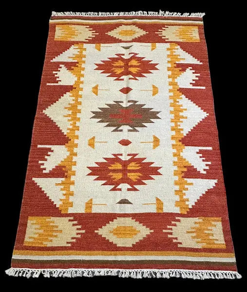 Vintage Hand-Knotted Wool Rug Orange Persian Kilim Geometric Pattern 3'11 x 6' I Got Rugs