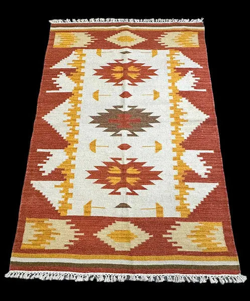 Vintage Hand-Knotted Wool Rug Orange Persian Kilim Geometric Pattern 3'11 x 6' I Got Rugs