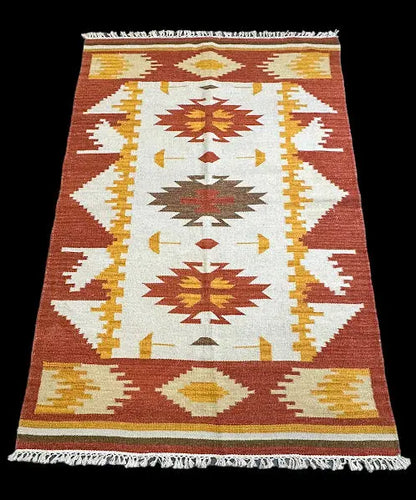 Vintage Hand-Knotted Wool Rug Orange Persian Kilim Geometric Pattern 3'11 x 6' I Got Rugs