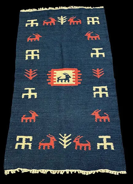 Vintage Hand-Knotted Wool Rug Persian Gabbeh Blue Pictorial Design 2'11 x 5' I Got Rugs