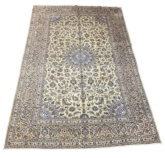 Vintage Hand-Knotted Wool Rug Persian Kashan Ivory Floral Pattern 8'5 x 12' I Got Rugs
